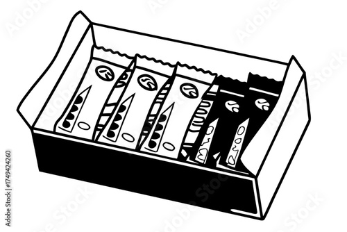 Box of assorted candy bars in black and white illustration  