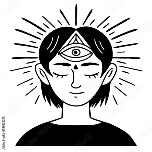 Young woman meditating with third eye symbol and radiating light. Person with third eye 