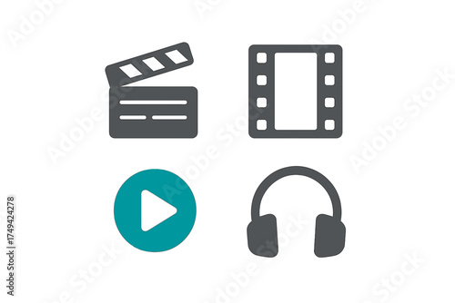 Media and entertainment icons featuring film slate, strip, play button, and headphones