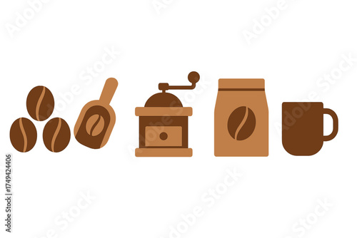 Coffee preparation icons set featuring beans grinder bag and cup