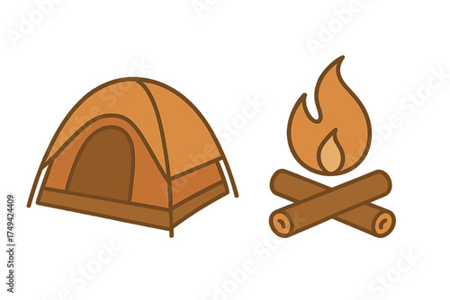 Camping tent and campfire set of simple outdoor adventure icons