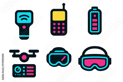 Set of modern electronic gadgets and technology icons in bright colors