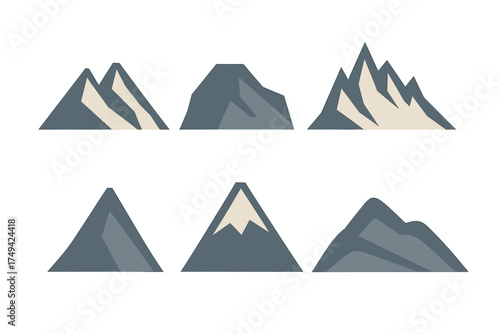 Six stylized mountain icons featuring snow patches in shades of blue-gray
