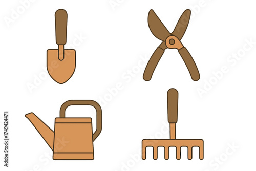Set of essential gardening tools icons including trowel, shears, watering can, and rake