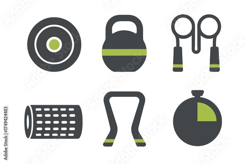 Modern fitness and workout equipment icons for training concepts