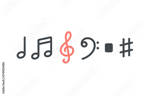 Collection of simple music symbols including notes clefs and accidentals