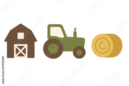 Set of simple farm icons featuring barn, tractor, and round hay bale