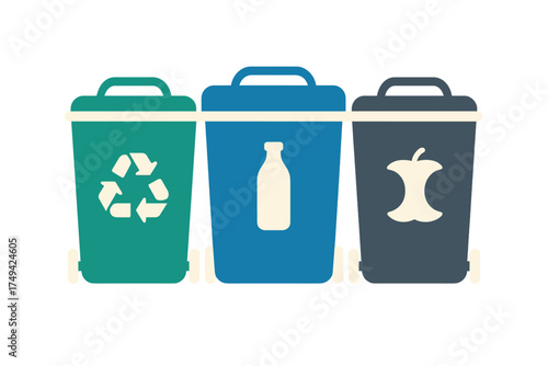 Three colored bins for sorting different types of waste materials