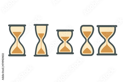 Set of five hourglass icons showing different stages of time measurement