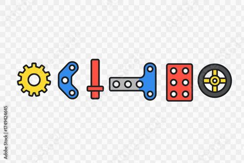 Colorful mechanical construction kit parts set featuring gears and wheels