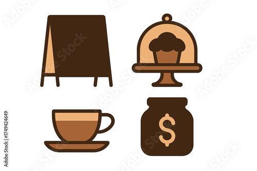 Set of cafe and bakery business icons featuring coffee and currency symbols