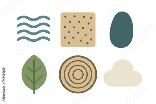 Set of simple nature and food icons representing water, grain, egg, leaf, wood, and cloud