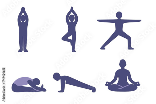 Six stylized human figures performing various yoga poses and exercises