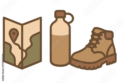 Set of essential hiking map water bottle and boot travel icons