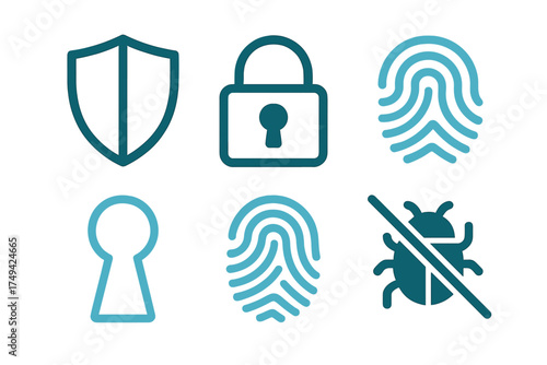 Digital security and access control icons featuring shield lock fingerprint and malware symbols