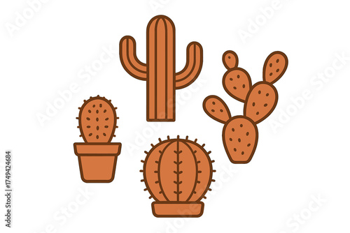 Stylized desert cactus plants in warm terracotta and brown color palette
