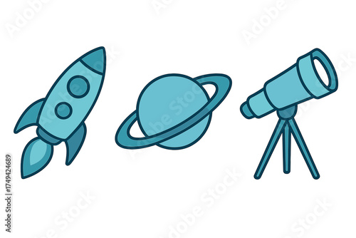 Space exploration icons: rocket, ringed planet, and astronomical telescope