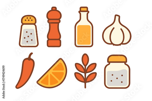 Cooking ingredients icons set featuring various spices and culinary oils