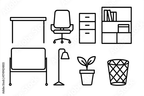 Simple black line icons for modern office furniture and accessories