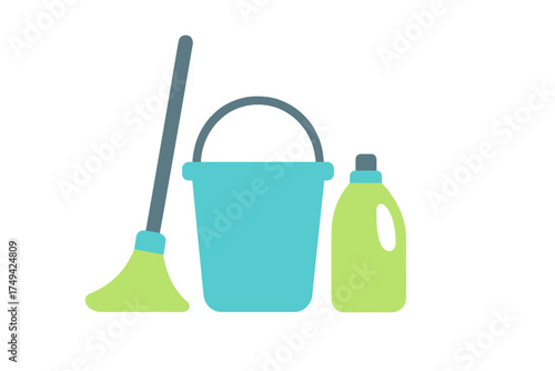 Mop bucket and cleaning detergent bottle set icon graphic