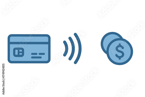 Contactless payment with credit card and currency coins icon set