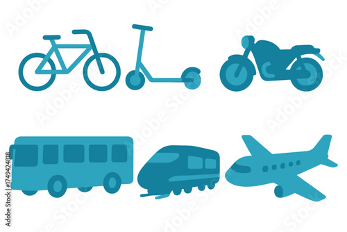 Modern icons for various modes of transportation: bicycle, scooter, motorcycle, bus, train, and airplane