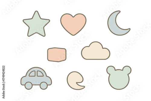 Cute pastel baby icons with soft outlines for nursery design