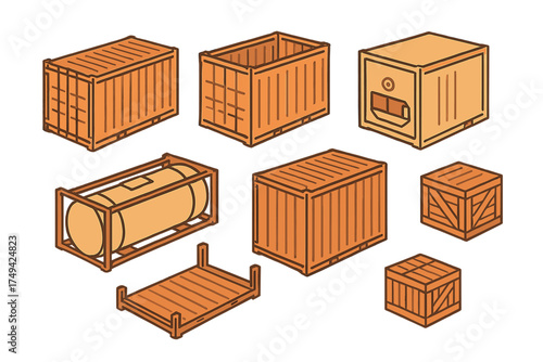 Isometric set of various shipping cargo containers and wooden crates