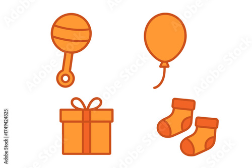 Set of orange baby shower and celebration icons including rattle, balloon, gift, and socks