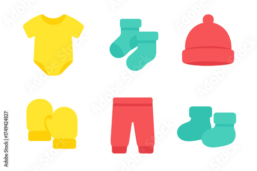 Colorful icons of essential baby clothing items and accessories