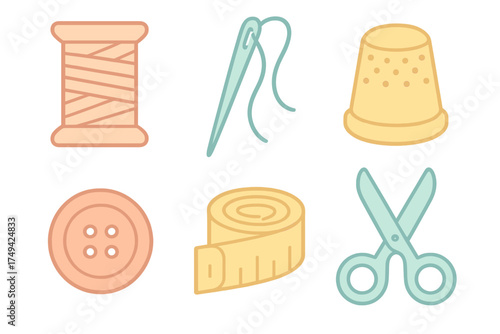 Colorful sewing and tailoring tools icons: spool, needle, thimble, button, measure, and scissors