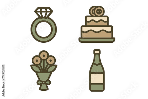 Wedding and celebration icons featuring ring, cake, flowers, and sparkling wine