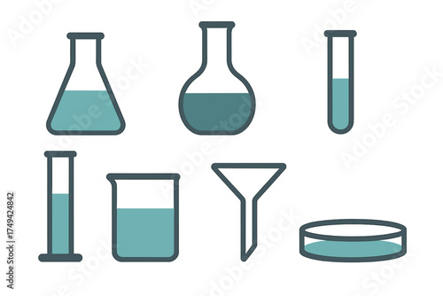 Basic laboratory glassware icons featuring flasks and beakers with blue liquid
