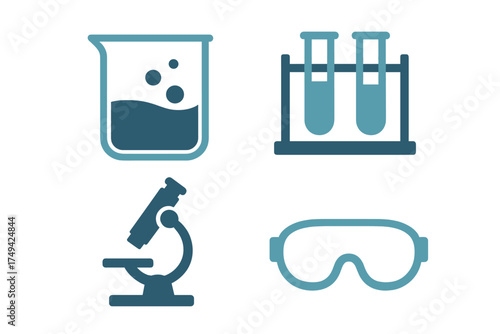 Four essential laboratory equipment icons: beaker, test tubes, microscope, and safety goggles