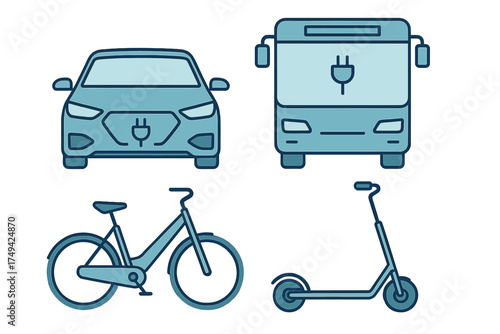 Electric vehicle charging icons set with car bus bicycle and scooter symbols