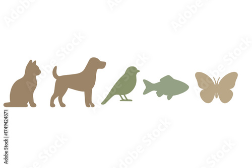 Simple silhouettes of common domestic and wild animals in muted colors