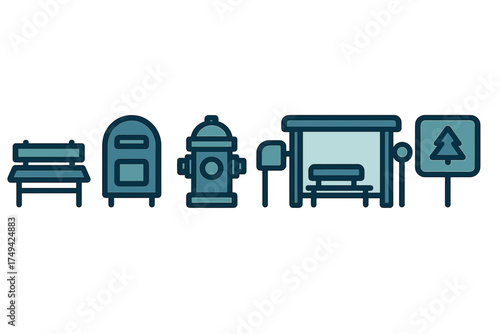Collection of urban and park public utility icons featuring bench, mailbox, and bus stop