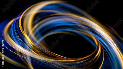 A swirling vortex of light in blue and gold colors against a black background, representing cosmic energy or a black hole
