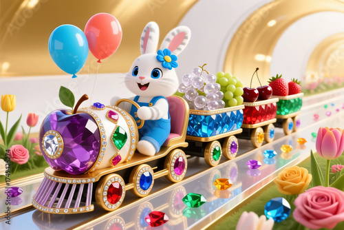 A fun cartoon illustration of the Easter Bunny with colorful Easter eggs and candy for a sweet holiday celebration card