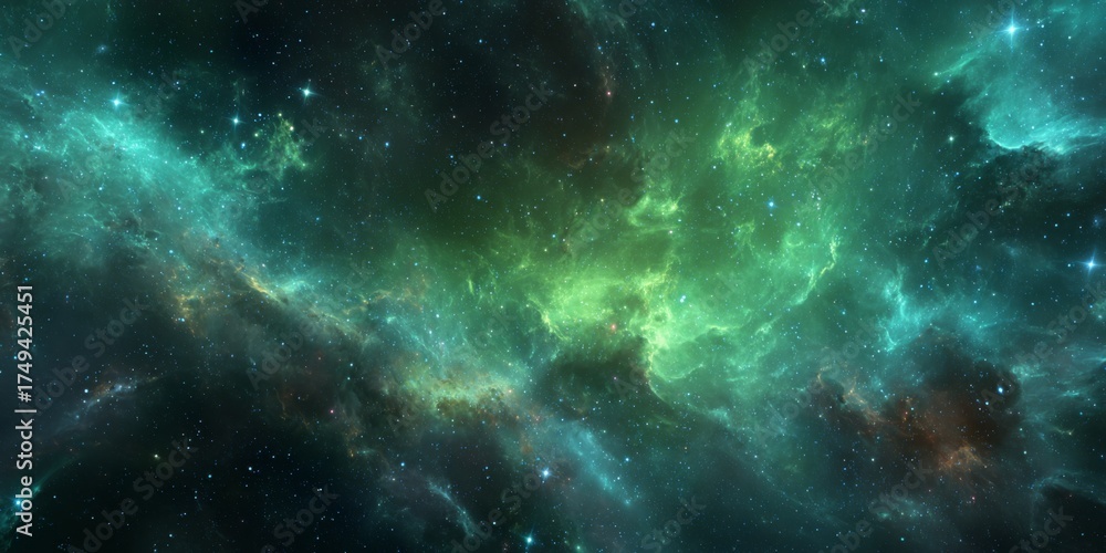 Fototapeta premium Majestic Green Nebula with Stars, Cosmic Clouds, and Ethereal Energy in a Vast Universe of Colorful Galaxies