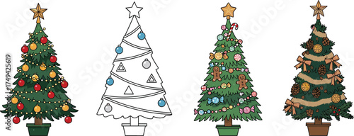 Christmas tree vector with ornaments, candy canes, gingerbread, pinecones, festive decorations, holiday theme, coloring outline, cad drawing flat vector illustration