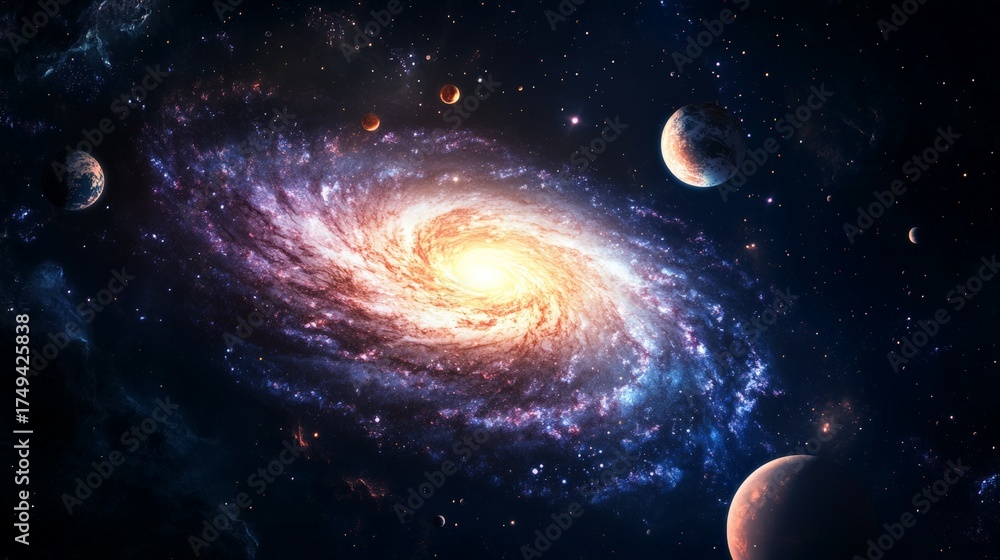 Fototapeta premium Planets orbiting within a vibrant spiral galaxy, surrounded by the vastness of deep space, reveal the incredible wonders of the universe and its cosmic beauty