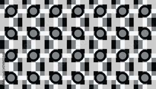 Seamless geometric pattern with black, white, and gray tones forming half-circle and grid shapes