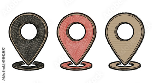Set of Hand-Drawn Location Pin Icons with Sketch Effect, Vintage Map Pointers for GPS, Navigation, and Travel Design