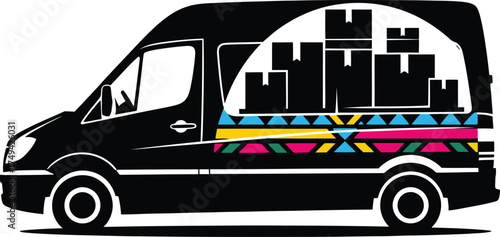 Delivery service van silhouette with colorful geometric trim and stacked cargo boxes inside, commercial transportation, logistics, and shipping concept vector illustration.