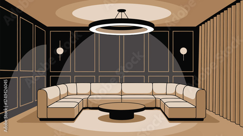 Illustration of a modern living room with a large sectional sofa and a ring shaped light fixture