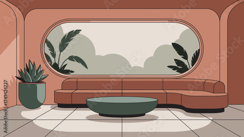 Cartoon interior with pink walls, sofa, table, potted plants, and a window with clouds inside