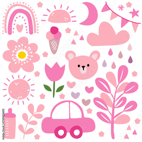vector illustration baby girl with element pink