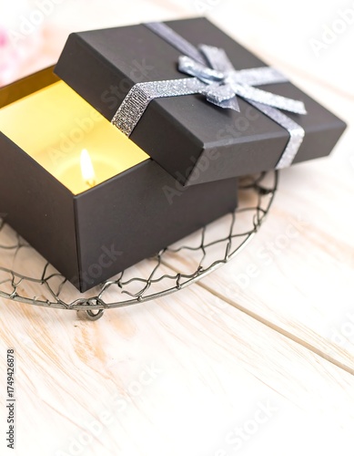 A lit candle glows inside a black gift box with a silver ribbon, sitting on a wire basket. The box lid is partially open, revealing the light