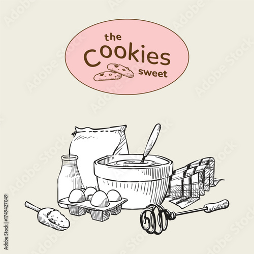 Cookies biscuit snack logo bakery bread with baking utensil and ingredient hand drawn illustration element set for label, menu, printing, package, marketing content, and banner